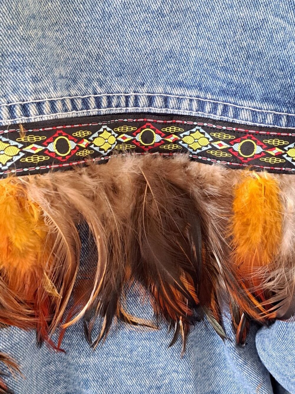 Vtg Aztec Southwestern Womens 3XL Feather Trim Denim Jacket Embroidery Hong Kong - Picture 4 of 11